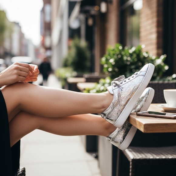 MICHAEL KORS Size 7 Silver Mirror Logo Print Lace Up Fashion Sneakers R $99 - Picture 14 of 14